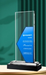 Crystal Award: Clear Crystal with Blue Diamond-Shaped Plaque and Dark Base