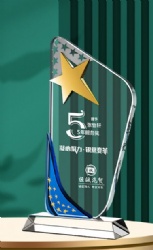 Crystal Award - Gold Star and Blue Accents on Clear Crystal