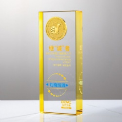Crystal Award: Transparent Rectangular Crystal with Yellow Edges and Gold Emblem