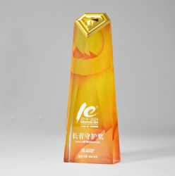 Crystal Award: Orange & Yellow Crystal Trophy with Gold Top