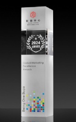 Modern Crystal Award with Red-Orange Logo, Laurel Wreath & Colorful Squares