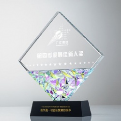 Crystal Award - Diamond-Shaped Clear & Color Faceted Crystal Trophy with Black Base