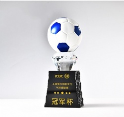 Crystal Award: Blue & White Soccer Ball on Crystal & Black Resin Base