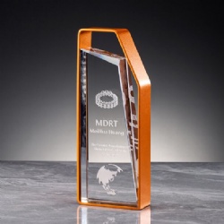 Crystal Award with Angled Crystal and Orange Metal Frame