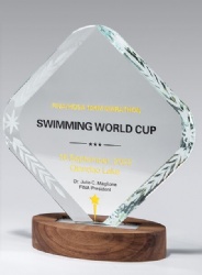 Diamond-Shaped Crystal Award with Walnut Base