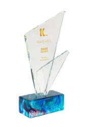 Triangular Clear Crystal Award with Blue Base