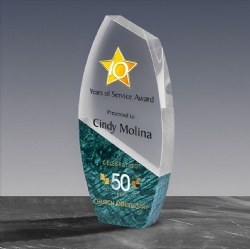 Crystal Award - Teal Marble and Clear Crystal Leaf Shape