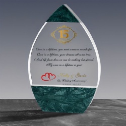 Crystal Award: Tear Drop Shape with Green Marble and Gold Accents